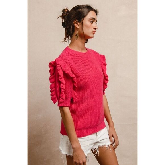 BiBi Ruffle Sleeve Ribbed Sweater In Fuscia Pink Sz Large - Picture 3 of 4